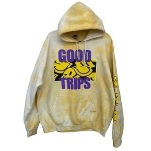 Good Trips Yellow Tie Dye Graphic Hoodie Smiley Face Mens XL Streetwear Tie-Dye